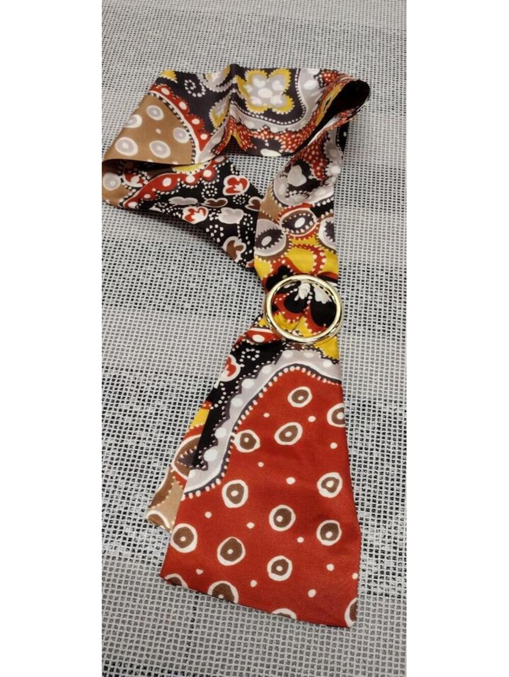 Vintage Late 60s Scarf Tie Gold Metal Brown 70s Psychedelic Bohemian 100% Rayon